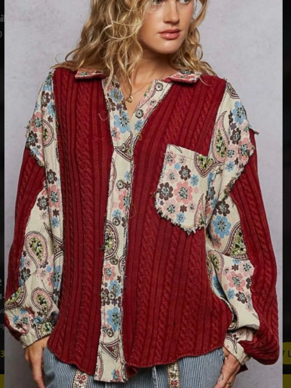 POL Burgundy Cable Knit Patchwork Button Down Shacket Shirt Small Oversized